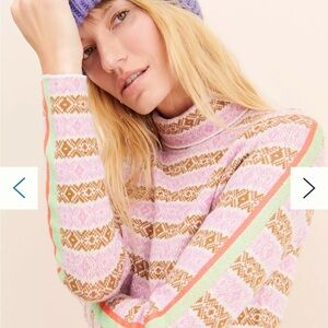 Maeve Ski Slope Pink and Brown Patterned Turtleneck Sweater Size XS